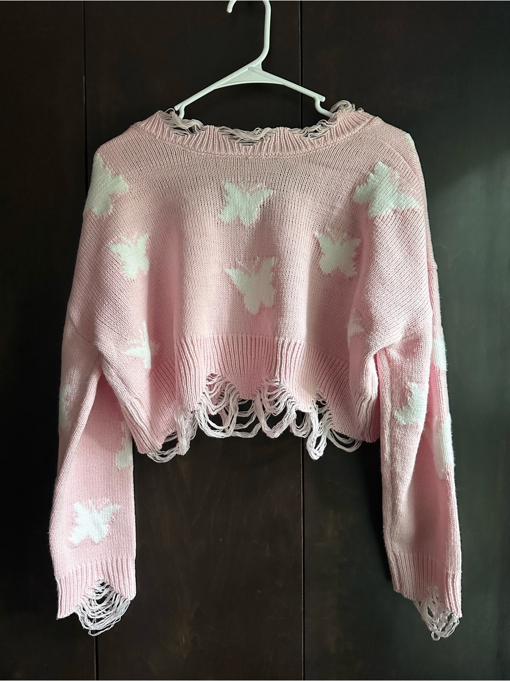 Women's Pink Butterfly Distressed Cropped Sweater